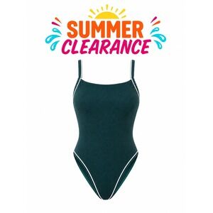 Shade & Shore Textured Green One Piece Swimsuit Size Small White Trim NWT